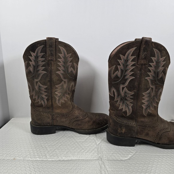 Ariat Heritage Stockman Western Cowgirl Boots Brown Pink&Blue Flames 6.5M - Picture 4 of 12